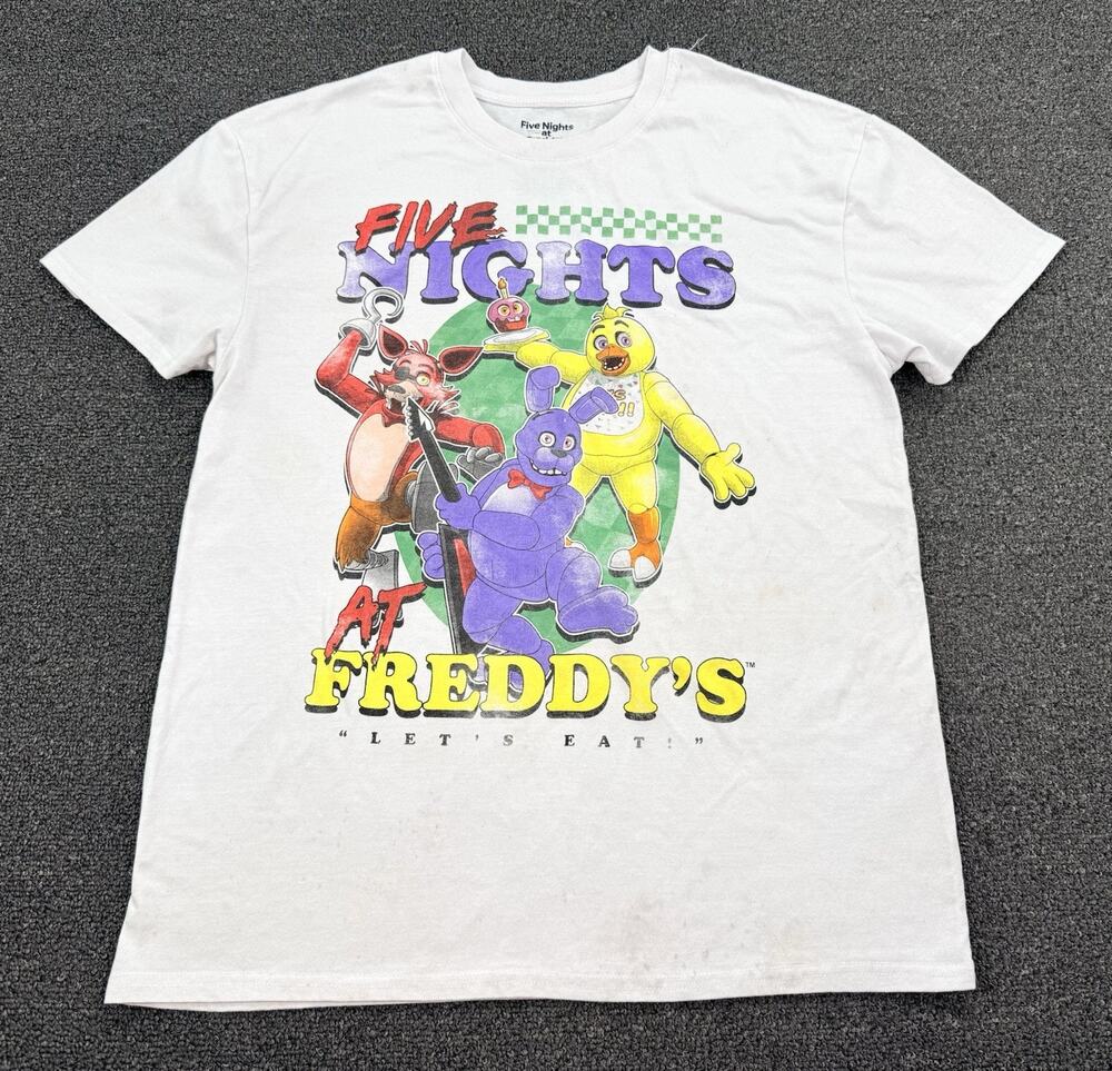 Five Nights at Freddy's Mens White Lets Eat Graphic Print T-Shirt Size Large